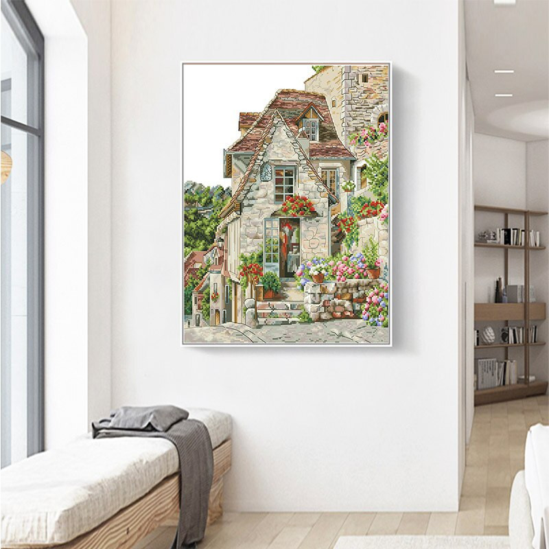 Flower Cottage Counted Cross Stitch Kit Unprinted Canvas Embroidery Complete Set 11 14CT Diy Needlework Package Διακόσμηση σπιτιού