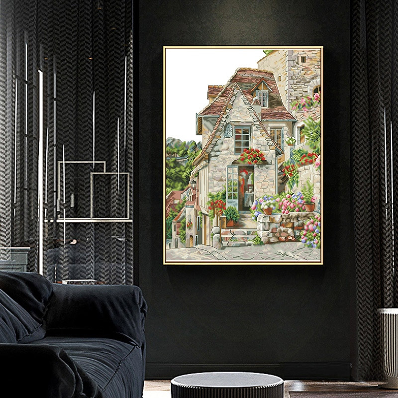 Flower Cottage Counted Cross Stitch Kit Unprinted Canvas Embroidery Complete Set 11 14CT Diy Needlework Package Διακόσμηση σπιτιού