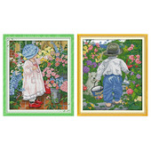 DMC DMC 11CT 14CT komplet za vezenje s žigom, kineski pamuk, komplet za vezenje križićem, set za kućni vez, Djevojčica i dječak s cvijećem