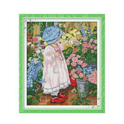 DMC DMC 11CT 14CT komplet za vezenje s žigom, kineski pamuk, komplet za vezenje križićem, set za kućni vez, Djevojčica i dječak s cvijećem