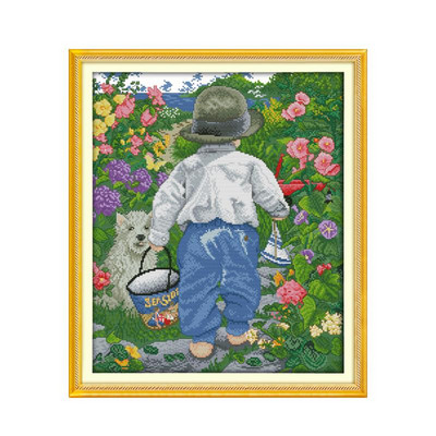 DMC DMC 11CT 14CT komplet za vezenje s žigom, kineski pamuk, komplet za vezenje križićem, set za kućni vez, Djevojčica i dječak s cvijećem