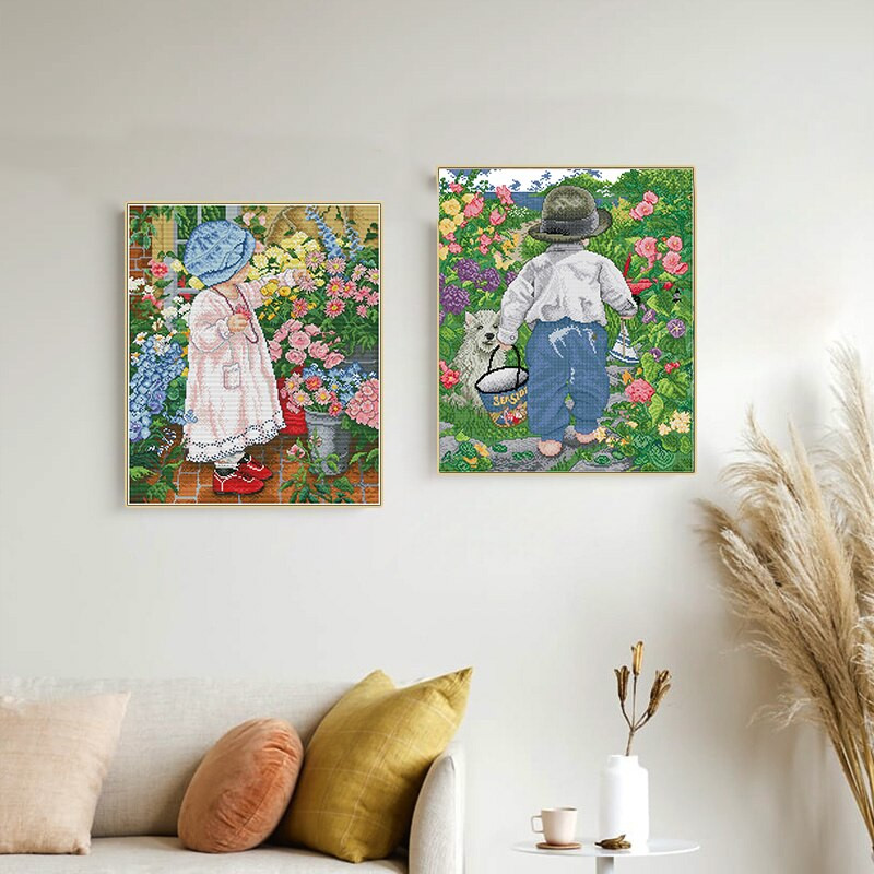 DMC DMC 11CT 14CT komplet za vezenje s žigom, kineski pamuk, komplet za vezenje križićem, set za kućni vez, Djevojčica i dječak s cvijećem