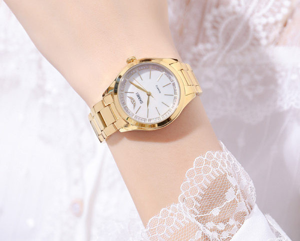 Ceas modern de dama din otel inoxidabil cu pietre decorative