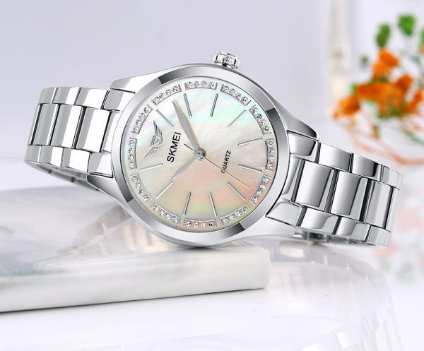 Ceas modern de dama din otel inoxidabil cu pietre decorative