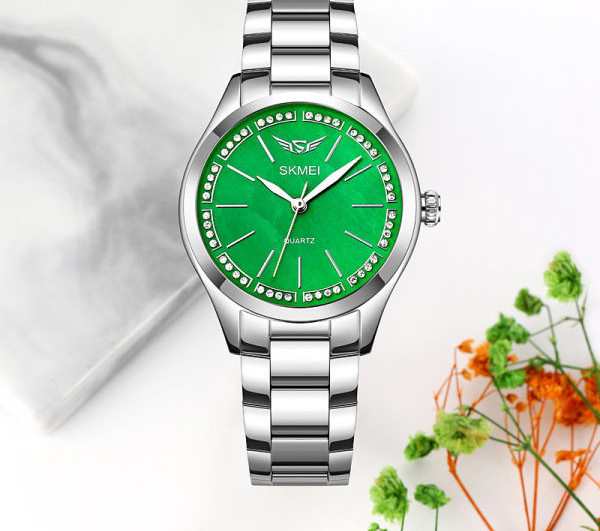 Ceas modern de dama din otel inoxidabil cu pietre decorative