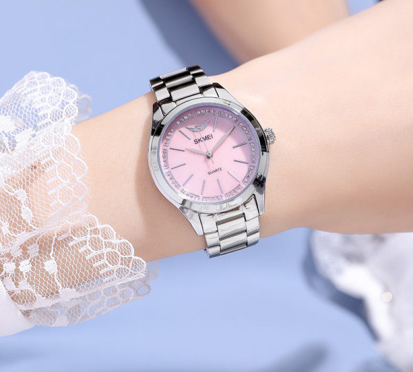 Ceas modern de dama din otel inoxidabil cu pietre decorative