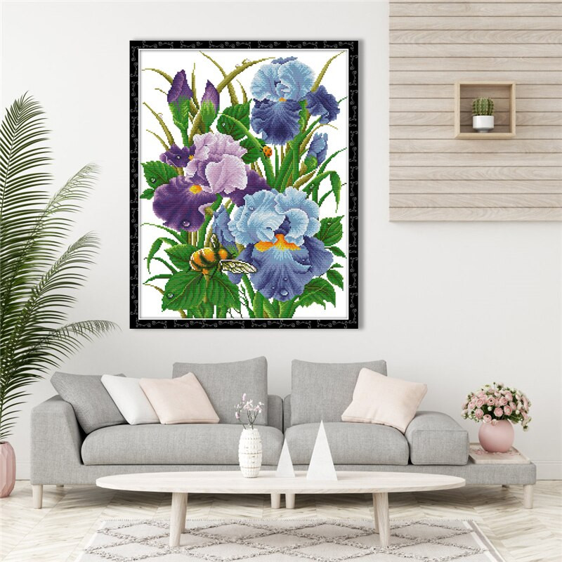 The Iris Flowers Cross Stitch Set Needlework Ebroidery 11CT 14CT Aida Fabric Count Unprinted Canvas DMC Crafts Accessory Tools
