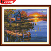 HUACANi tikkimismaja maastik Puuvillase niidi maalimine DIY näputöökomplektid 14CT ristpistega päikeseloojangumaastik kodukaunistus