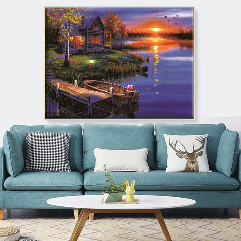 HUACANi tikkimismaja maastik Puuvillase niidi maalimine DIY näputöökomplektid 14CT ristpistega päikeseloojangumaastik kodukaunistus