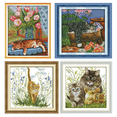 Joy Sunday Cat on The Windowsill Cross Stitch Kit Stamped Printed 11CT 14CT Counted Print Crafts Kit Κεντήματα κεντήματα