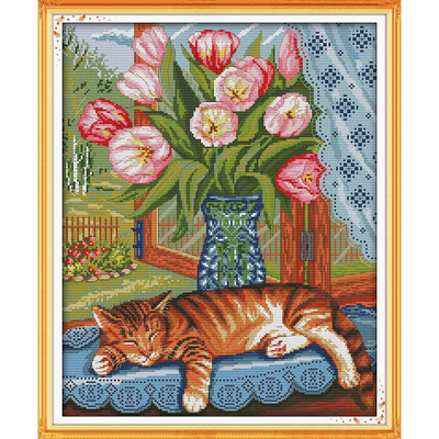 Joy Sunday Cat on The Windowsill Cross Stitch Kit Stamped Printed 11CT 14CT Counted Print Crafts Kit Κεντήματα κεντήματα