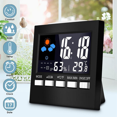 LCD цифров термометър, метеорологична станция, часовник и будилник, календар, стая, домашен влагомер, термометър, измервател на температура и влажност