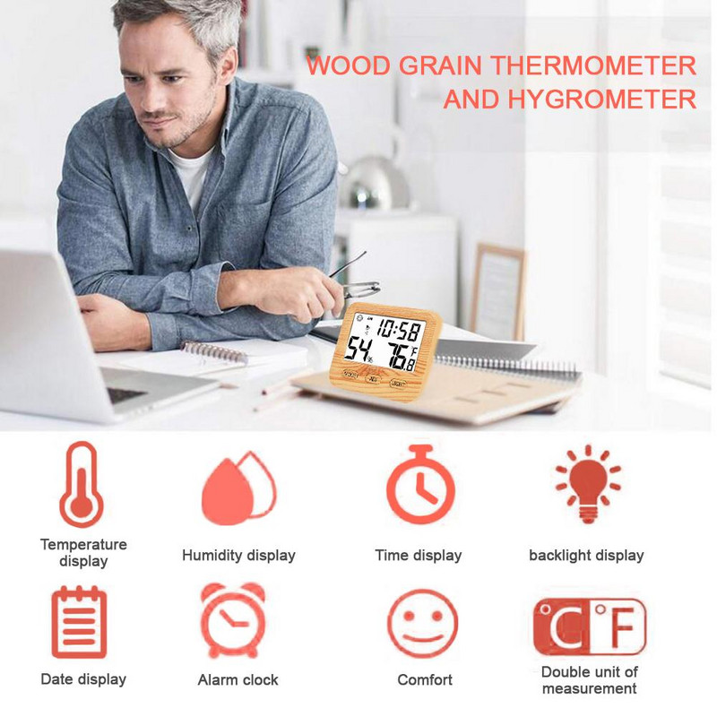 Ηλεκτρονική ψηφιακή οθόνη Θερμόμετρο υγρασίας σπιτιού εσωτερικού χώρου Υγρόμετρο οπίσθιου φωτισμού υψηλής ακρίβειας Ξύλινο θερμόμετρο κόκκων