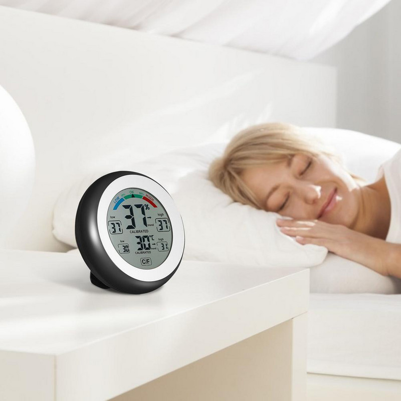 Termometru digital LCD multifuncțional Ecran tactil rotund Higrometru de acasă Ceas Înregistrări min/maximum ℃/℉ Opriți mașina de acasă