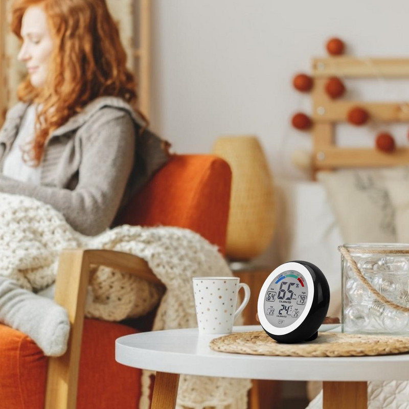 Termometru digital LCD multifuncțional Ecran tactil rotund Higrometru de acasă Ceas Înregistrări min/maximum ℃/℉ Opriți mașina de acasă