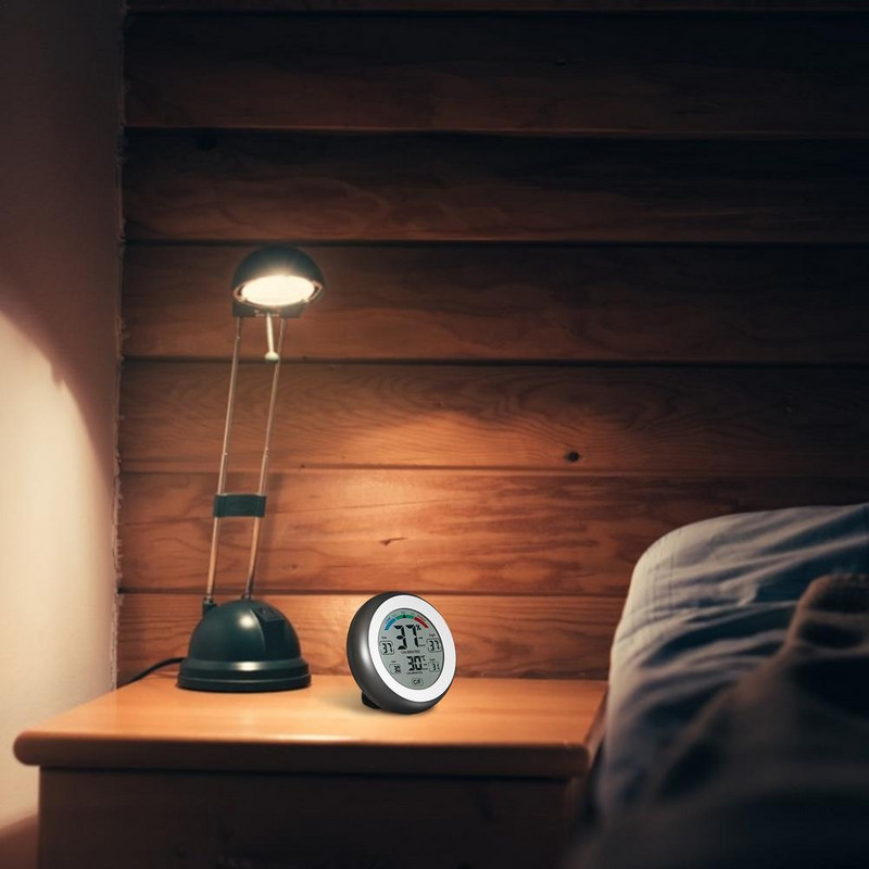 Termometru digital LCD multifuncțional Ecran tactil rotund Higrometru de acasă Ceas Înregistrări min/maximum ℃/℉ Opriți mașina de acasă