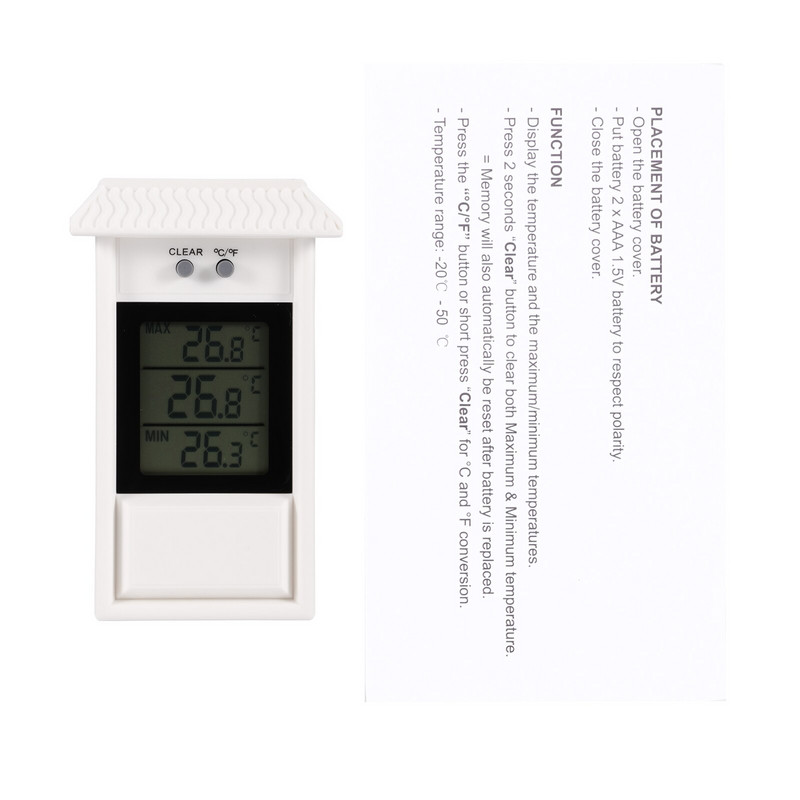 Ψηφιακό μόνιτορ θερμοκηπίου Μέγιστες ελάχιστες θερμοκρασίες Χρήση Κήπος Θερμοκήπιο Οικιακό Μεταχειρισμένο Εσωτερική Εξωτερική Τρύπα Γάντζο Τοποθετημένο στον τοίχο