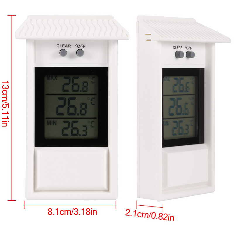 Ψηφιακό μόνιτορ θερμοκηπίου Μέγιστες ελάχιστες θερμοκρασίες Χρήση Κήπος Θερμοκήπιο Οικιακό Μεταχειρισμένο Εσωτερική Εξωτερική Τρύπα Γάντζο Τοποθετημένο στον τοίχο