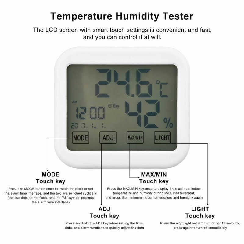 Ψηφιακό θερμόμετρο Smart Touch Settings Λειτουργία Ξυπνητήρι Καταγραφέας θερμοκρασίας υγρασίας με φωτεινό