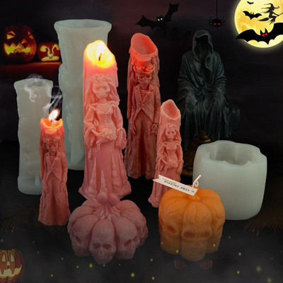 Halloween Ghost Bride Groom Candle Mould Silicone DIY Skeleton Pumpkin Candle Making Resin Soap Mold Διακοσμητικό κερί αποκριών