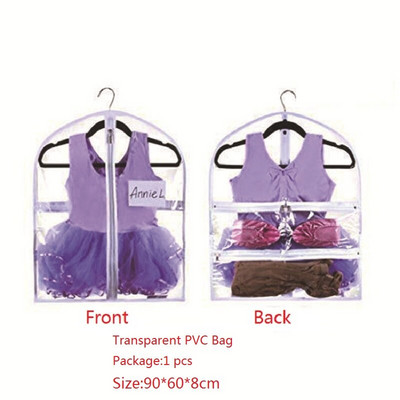 Geantă de îmbrăcăminte de dans cu buzunare cu fermoar, agățată transparentă, rochie roz, husă de depozitare pentru garderoba, pachet cu fereastră transparentă pentru copii