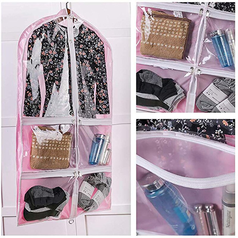 Geantă de îmbrăcăminte de dans cu buzunare cu fermoar, agățată transparentă, rochie roz, husă de depozitare pentru garderoba, pachet cu fereastră transparentă pentru copii