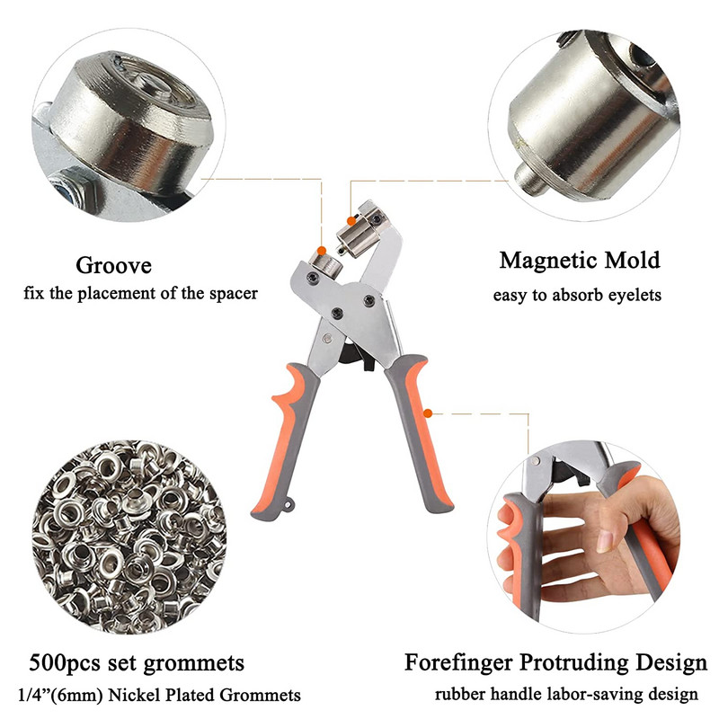 WOZOBUY Grommet Tool Kit Grommet Press Punch Kit Πένσα μηχανής πένσα χειρός για δερμάτινα παπούτσια από ύφασμα Tarp