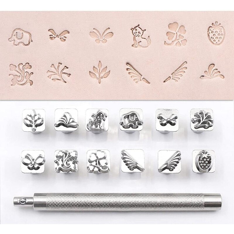 Set alata za utiskivanje kože od 12 komada Životinje, biljke, uzorci Alati za izradu kože Alati za utiskivanje Alat za bušenje DIY Rezbarenje u izradi kože