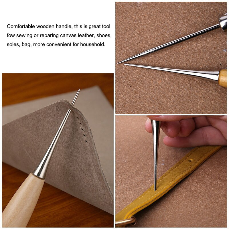 Ξύλινη λαβή Awls DIY Δερμάτινη σκηνή Ράψιμο Awl Παπούτσια Επισκευής Εργαλείο Ραπτικής Χεριού Δερμάτινο Craft Awl Punch Hole Needle Δερμάτινα εργαλεία