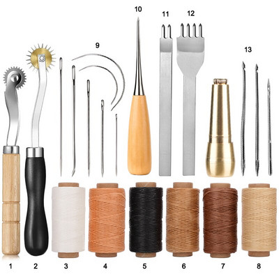Δερμάτινες βελόνες ραπτικής κιτ κερωμένης κλωστής Χειροποίητο εργαλείο ραφής για DIY δερμάτινες χειροτεχνίες Punch Chiseles Awl Needles