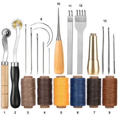 Δερμάτινες βελόνες ραπτικής κιτ κερωμένης κλωστής Χειροποίητο εργαλείο ραφής για DIY δερμάτινες χειροτεχνίες Punch Chiseles Awl Needles