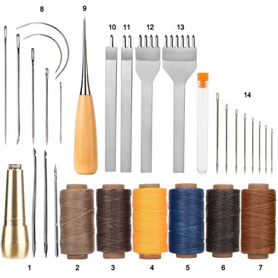 Δερμάτινες βελόνες ραπτικής κιτ κερωμένης κλωστής Χειροποίητο εργαλείο ραφής για DIY δερμάτινες χειροτεχνίες Punch Chiseles Awl Needles