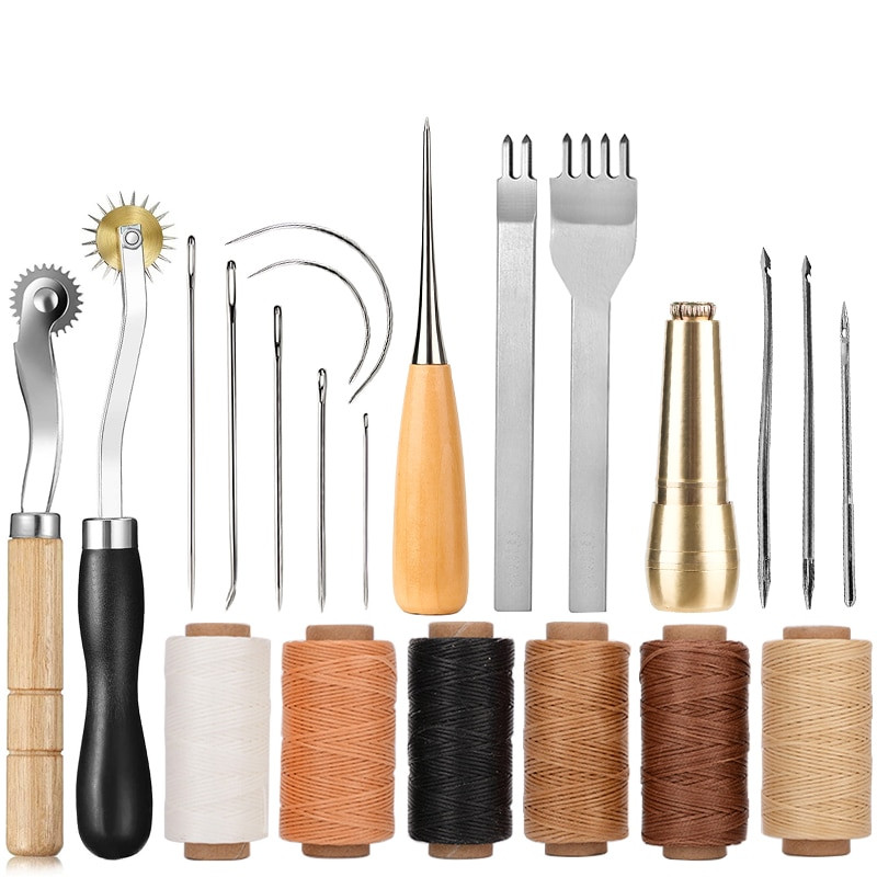 Δερμάτινες βελόνες ραπτικής κιτ κερωμένης κλωστής Χειροποίητο εργαλείο ραφής για DIY δερμάτινες χειροτεχνίες Punch Chiseles Awl Needles