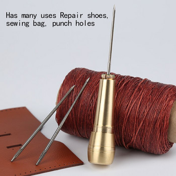 Направи си сам кожено платно за шиене Шило за ремонт на обувки Медна дръжка 3 игли Ръчен шев Шевни инструменти за кожени занаяти Шило за пробиване на дупки