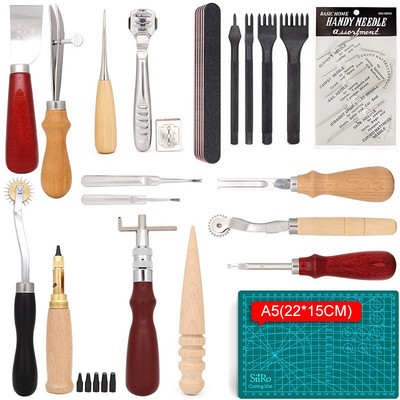 Setul de unelte din piele include un kit de tăiere cu pungă, cusut manual, canelura pentru cusături și covoraș de tăiat pentru începătorii de lucru cu piele.