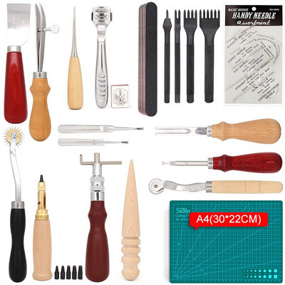Setul de unelte din piele include un kit de tăiere cu pungă, cusut manual, canelura pentru cusături și covoraș de tăiat pentru începătorii de lucru cu piele.