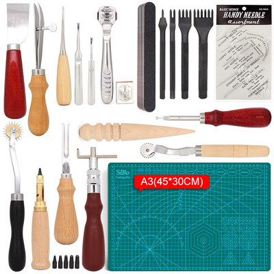 Setul de unelte din piele include un kit de tăiere cu pungă, cusut manual, canelura pentru cusături și covoraș de tăiat pentru începătorii de lucru cu piele.