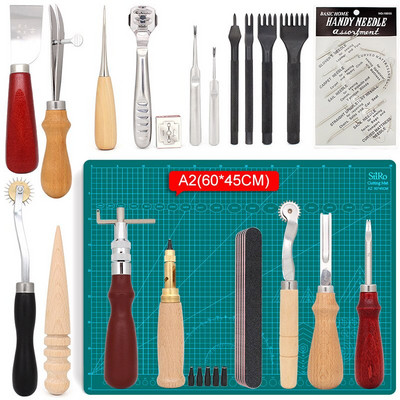 Setul de unelte din piele include un kit de tăiere cu pungă, cusut manual, canelura pentru cusături și covoraș de tăiat pentru începătorii de lucru cu piele.