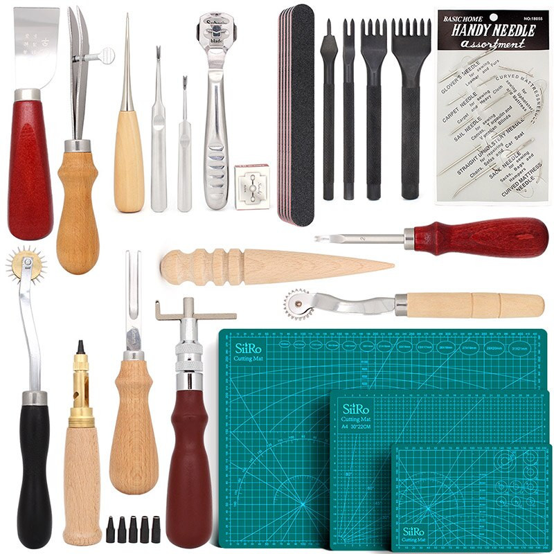 Setul de unelte din piele include un kit de tăiere cu pungă, cusut manual, canelura pentru cusături și covoraș de tăiat pentru începătorii de lucru cu piele.