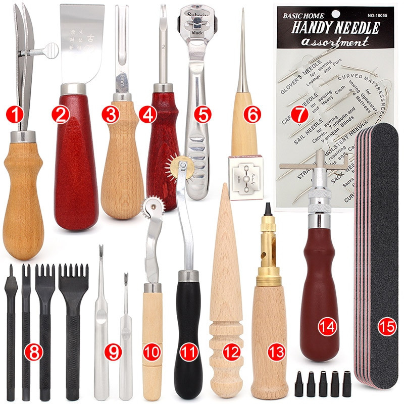 Setul de unelte din piele include un kit de tăiere cu pungă, cusut manual, canelura pentru cusături și covoraș de tăiat pentru începătorii de lucru cu piele.