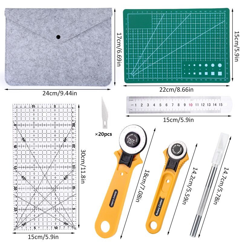 Imzay Rotary Cutter Kit Επαγγελματικά εργαλεία με μαχαίρι σκαλίσματος κλειδώματος ασφαλείας με 20 έξτρα λεπίδες πατάκι κοπής Χάρακας Patchwork