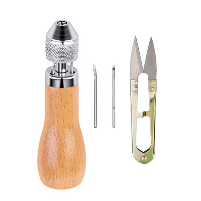 MIUSIE nahk käsitsi õmblemine Speedy Stitcher tööriistakomplekt vahatatud niit puidust käepidemega Awl nahast punch tööriist roostevabast terasest käärid