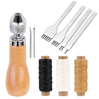 MIUSIE nahk käsitsi õmblemine Speedy Stitcher tööriistakomplekt vahatatud niit puidust käepidemega Awl nahast punch tööriist roostevabast terasest käärid