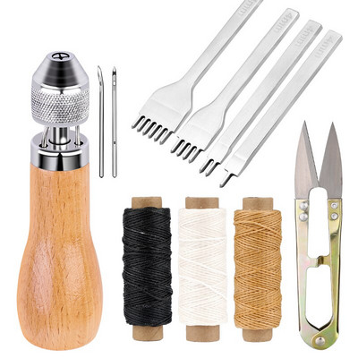 MIUSIE nahk käsitsi õmblemine Speedy Stitcher tööriistakomplekt vahatatud niit puidust käepidemega Awl nahast punch tööriist roostevabast terasest käärid