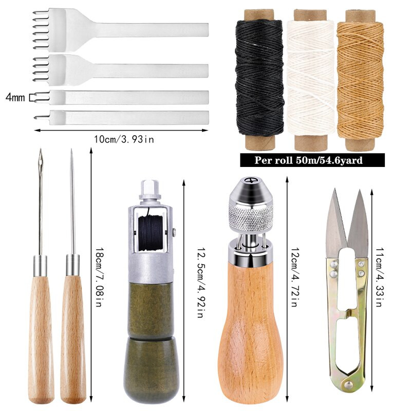 MIUSIE nahk käsitsi õmblemine Speedy Stitcher tööriistakomplekt vahatatud niit puidust käepidemega Awl nahast punch tööriist roostevabast terasest käärid