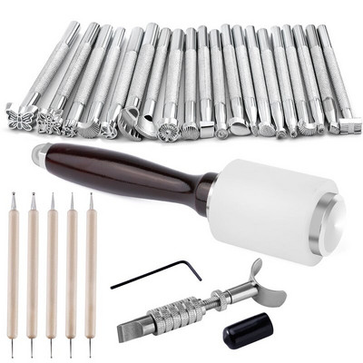 LMDZ ciocan cu mâner din lemn, forme diferite, set de instrumente de ștanțare a pielii, cuțit rotativ de tăiere, pix de foraj, set de instrumente pentru artizanat din piele