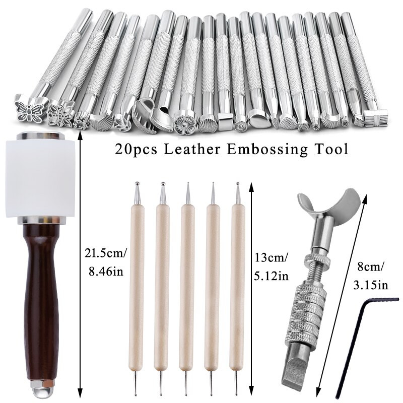 LMDZ ciocan cu mâner din lemn, forme diferite, set de instrumente de ștanțare a pielii, cuțit rotativ de tăiere, pix de foraj, set de instrumente pentru artizanat din piele