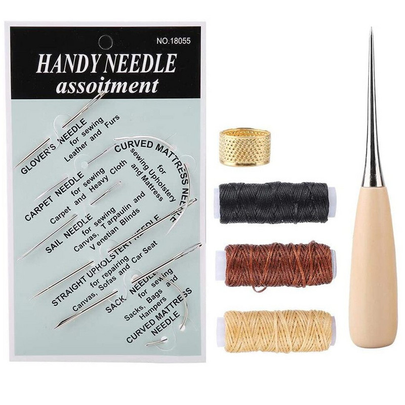 12 vnt Odos siuvimo rinkinys su vaškuotu siūlu Odos adata Siuvimo yla antpirštis Odiniai darbo įrankiai batsiuvio drobės taisymui