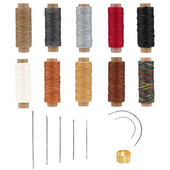 9 tk nahaõmbluskomplekt koos mitmevärvilise vahatatud niidiga kuldse sõrmkübara ja nahast õmblusnõeltega nahast käsitöö tegemiseks