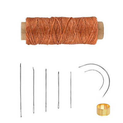 9 tk nahaõmbluskomplekt koos mitmevärvilise vahatatud niidiga kuldse sõrmkübara ja nahast õmblusnõeltega nahast käsitöö tegemiseks